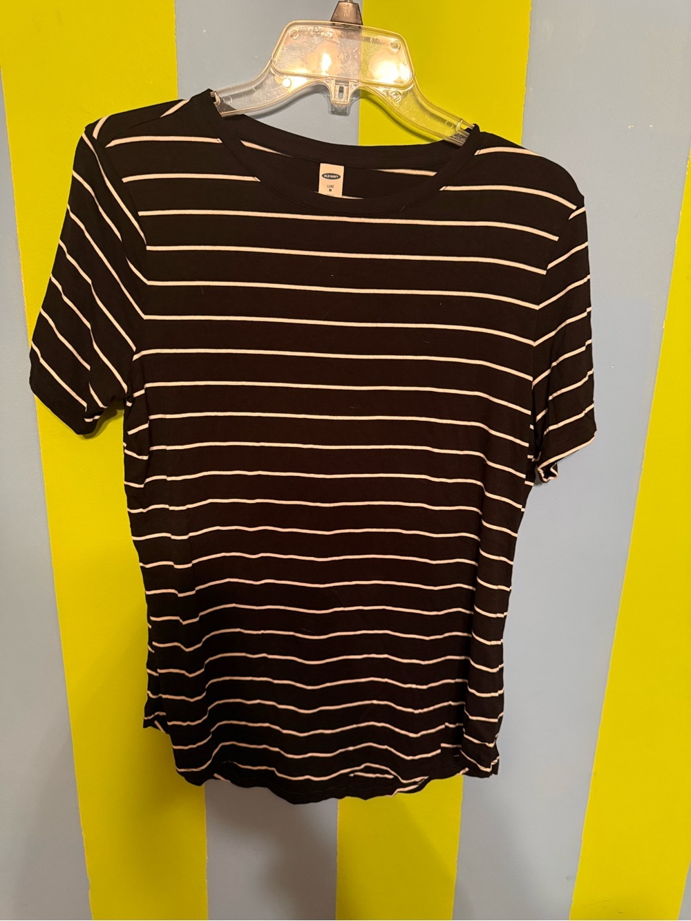 Old Navy Black Tee with Thin White Stripes